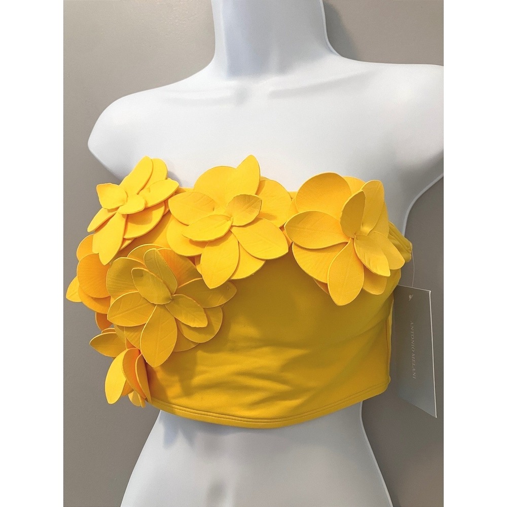 Antonio Melani Yellow 3D Floral Applique Bandeau Bikini Top XS Poolside Glam
